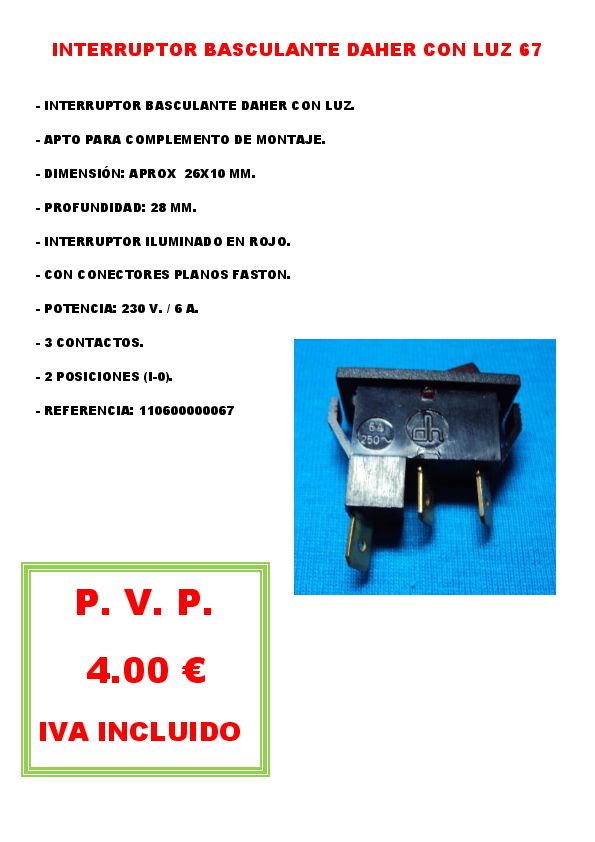 INTERRUPTOR BASCULANTE DAHER CON LUZ 67