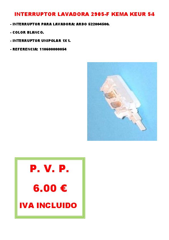 INTERRUPTOR LAVADORA 2905-F KEMA KEUR 54