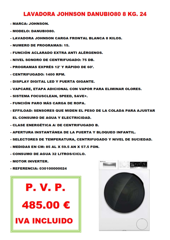 LAVADORA JOHNSON DANUBIO80 8 KG. 24