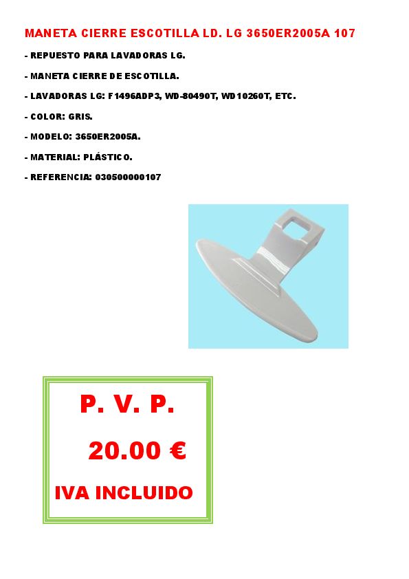 MANETA CIERRE ESCOTILLA LD. LG 3650ER2005A 107