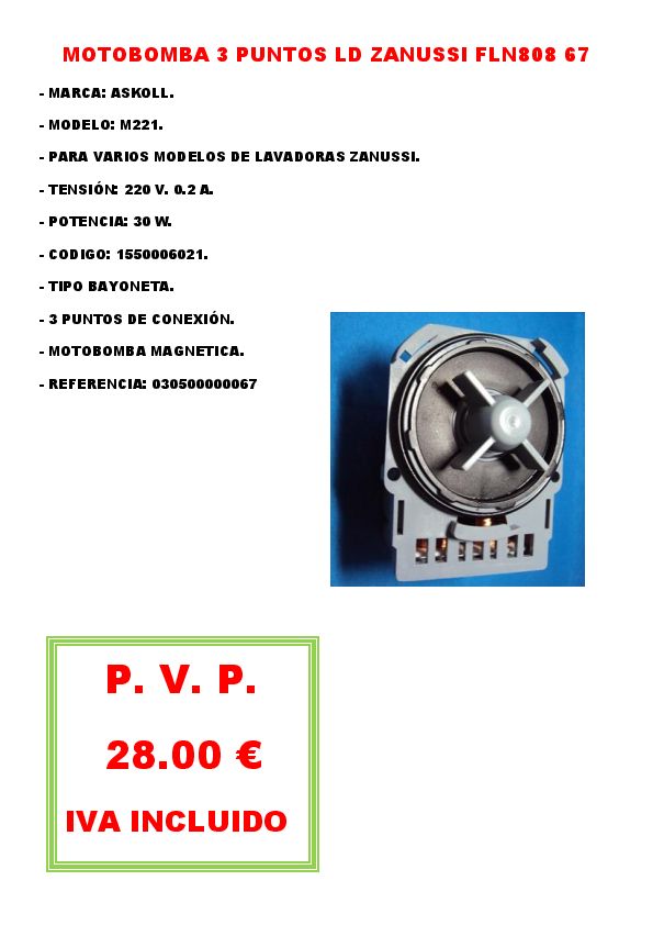MOTOBOMBA DESAGUE 3 PUNTOS LD ZANUSSI FLN808 67