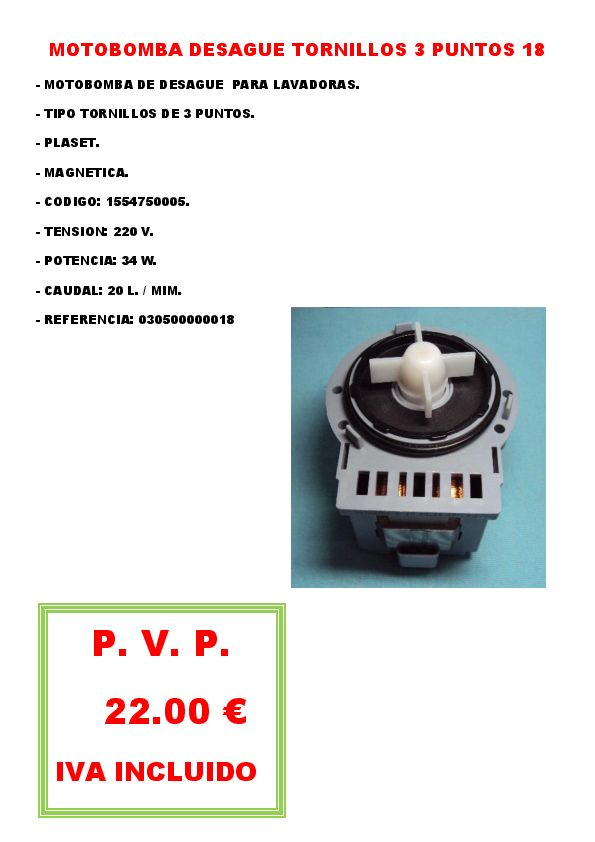 MOTOBOMBA DESAGUE TORNILLOS 3 PUNTOS 18