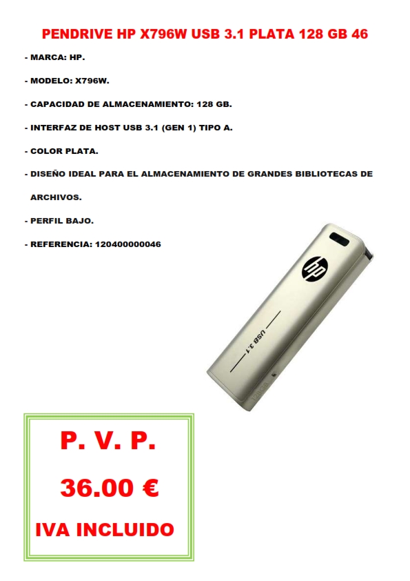 PENDRIVE HP X796W USB 3.1 PLATA 128 GB 46