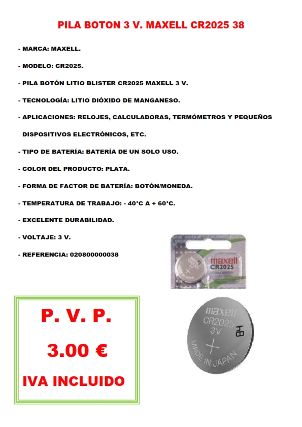 PILA BOTON 3 V. MAXELL CR2025 38