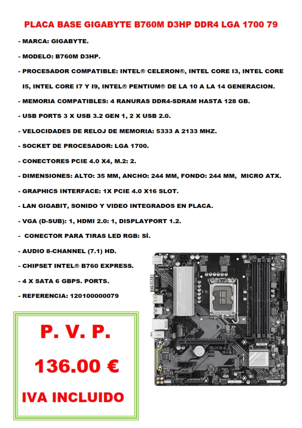 PLACA BASE GIGABYTE B760M D3HP DDR4 LGA 1700 79