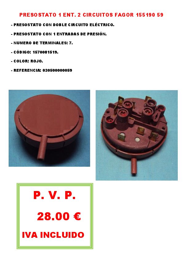 PRESOSTATO 1 ENT. 2 CIRCUITOS FAGOR 155190 59