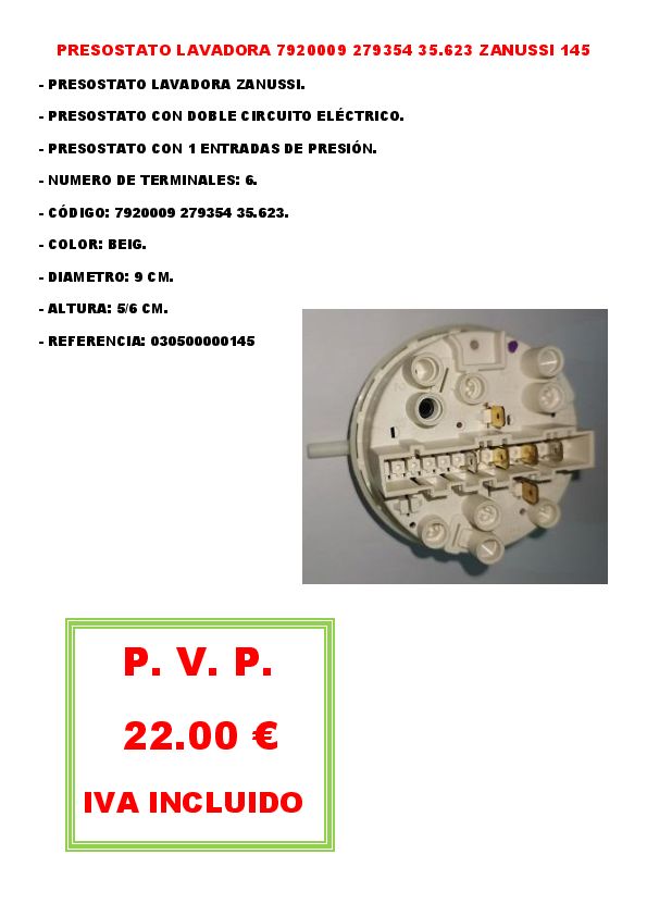 PRESOSTATO LAVADORA 7920009 279354 35.623 ZANUSSI 145