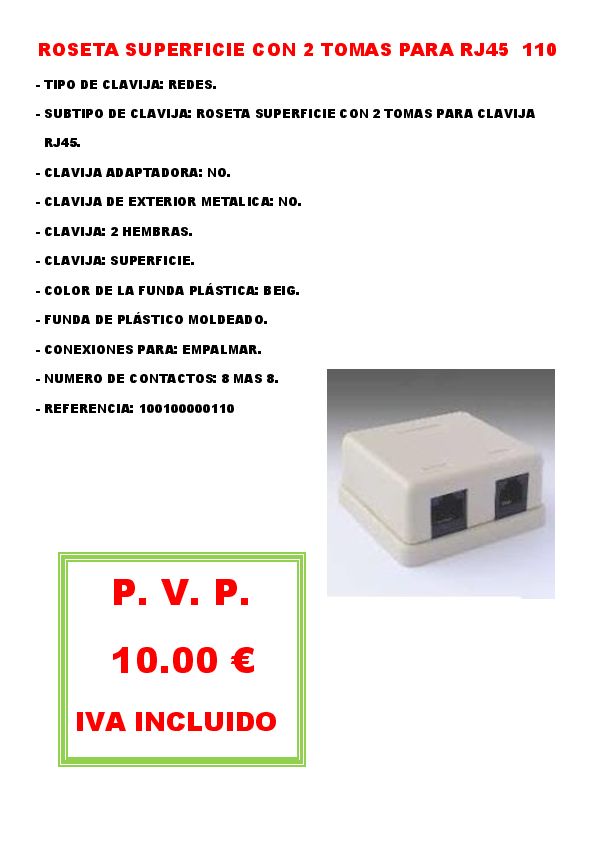ROSETA SUPERFICIE CON 2 TOMAS PARA RJ45 110