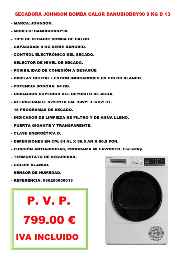 SECADORA JOHNSON BOMBA CALOR DANUBIODRY90 9 KG D 13