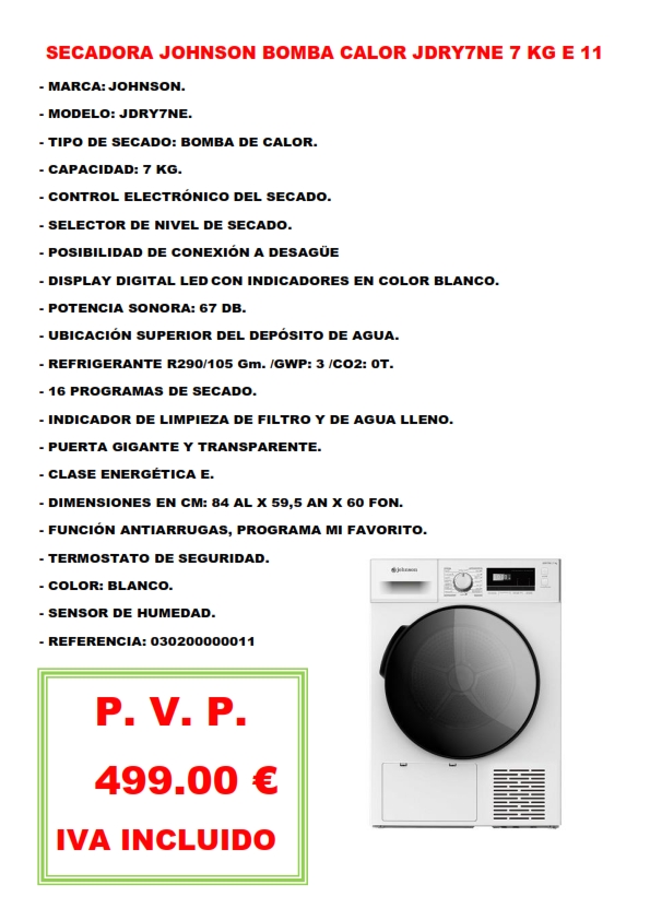 SECADORA JOHNSON BOMBA CALOR JDRY7NE 7 KG E 11