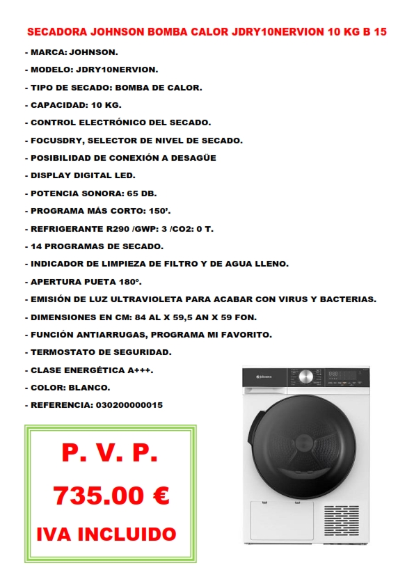 SECADORA JOHNSON JDRY10NERVION 10 KG. 15