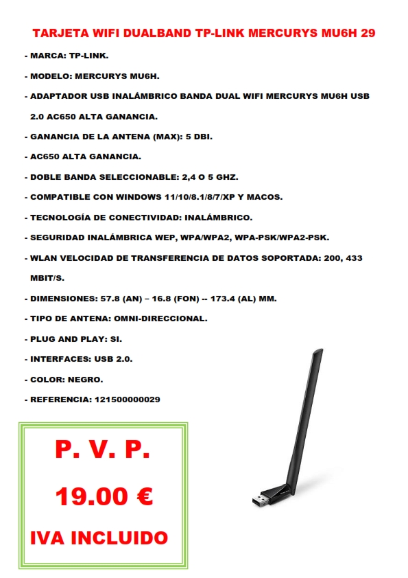 TARJETA WIFI DUALBAND TP-LINK MERCURYS MU6H 29